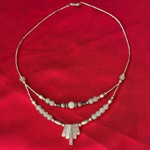 Silver-Tone Layered Beaded Necklace with Fringe Bars